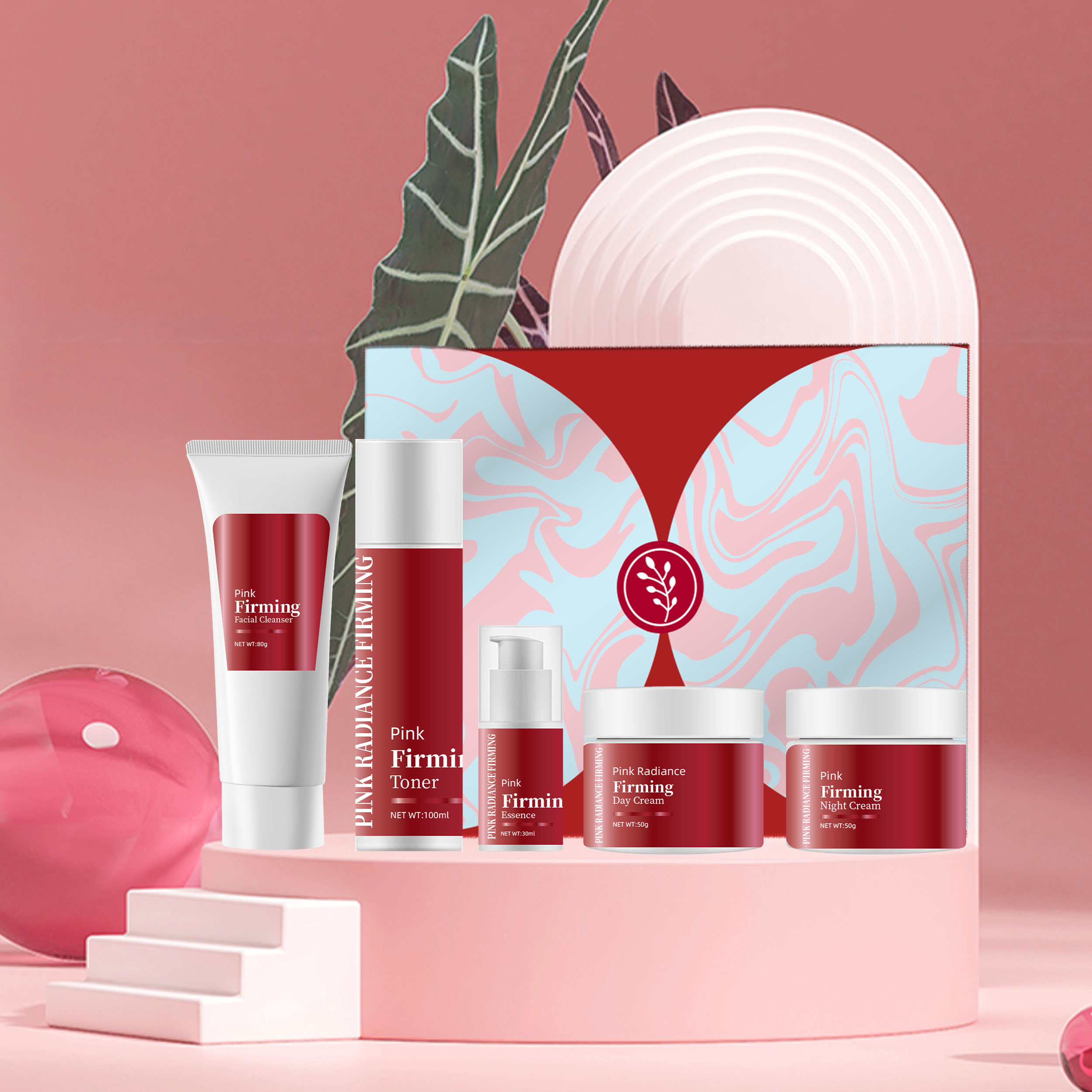 Private Label Skin Care Products Manufacturer Facial Moisturizing Repairing Anti Age Pink Firming Skin Care Set